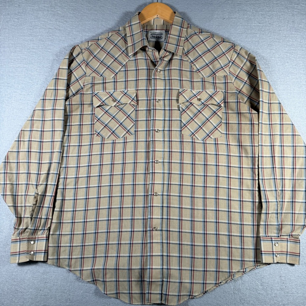 Levis Mens Vintage Western‎ Pearl Snap Shirt Tan Plaid Long Sleeve Large WPL 423